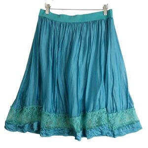 Y2K Silk Lace Trim Pleated Skirt L Teal Sheer Fairy Boho Mermaid Romantic Italy
